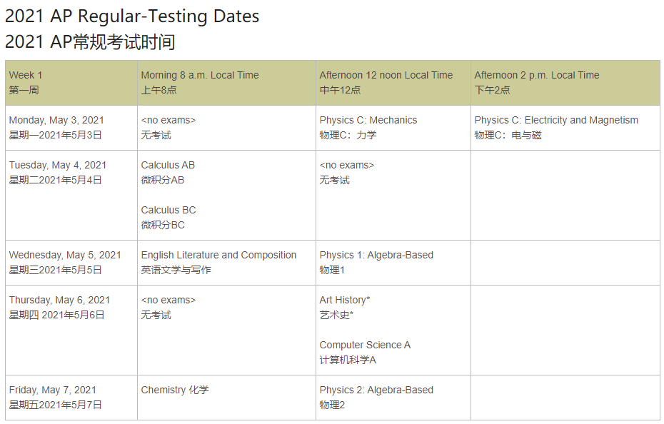 2021年AP考試時間 2021年AP考試時間
